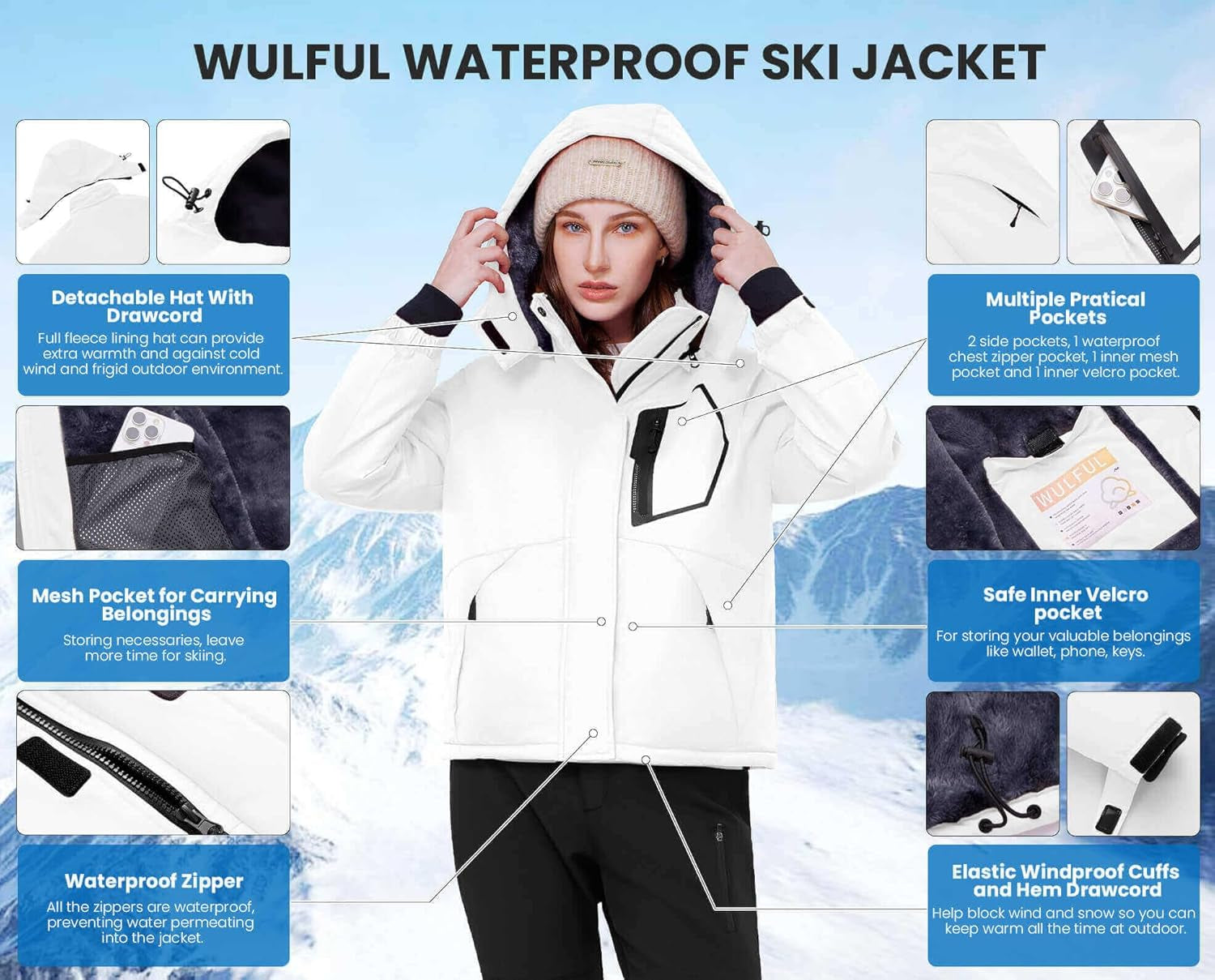 Women’S Waterproof Snow Ski Jacket Mountain Windproof Winter Coat with Detachable Hood