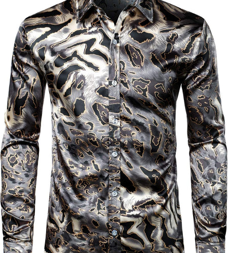 Men'S Hipster Printed Silk like Satin Button up Dress Shirt for Party Prom