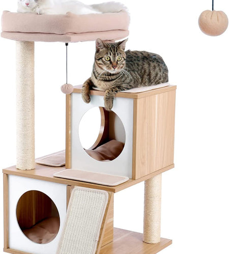 Cat Tree 35 Inches Wooden Cat Tower with Double Condos, Spacious Perch, Fully Wrapped Scratching Sisal Posts and Replaceable Dangling Balls-Walnut