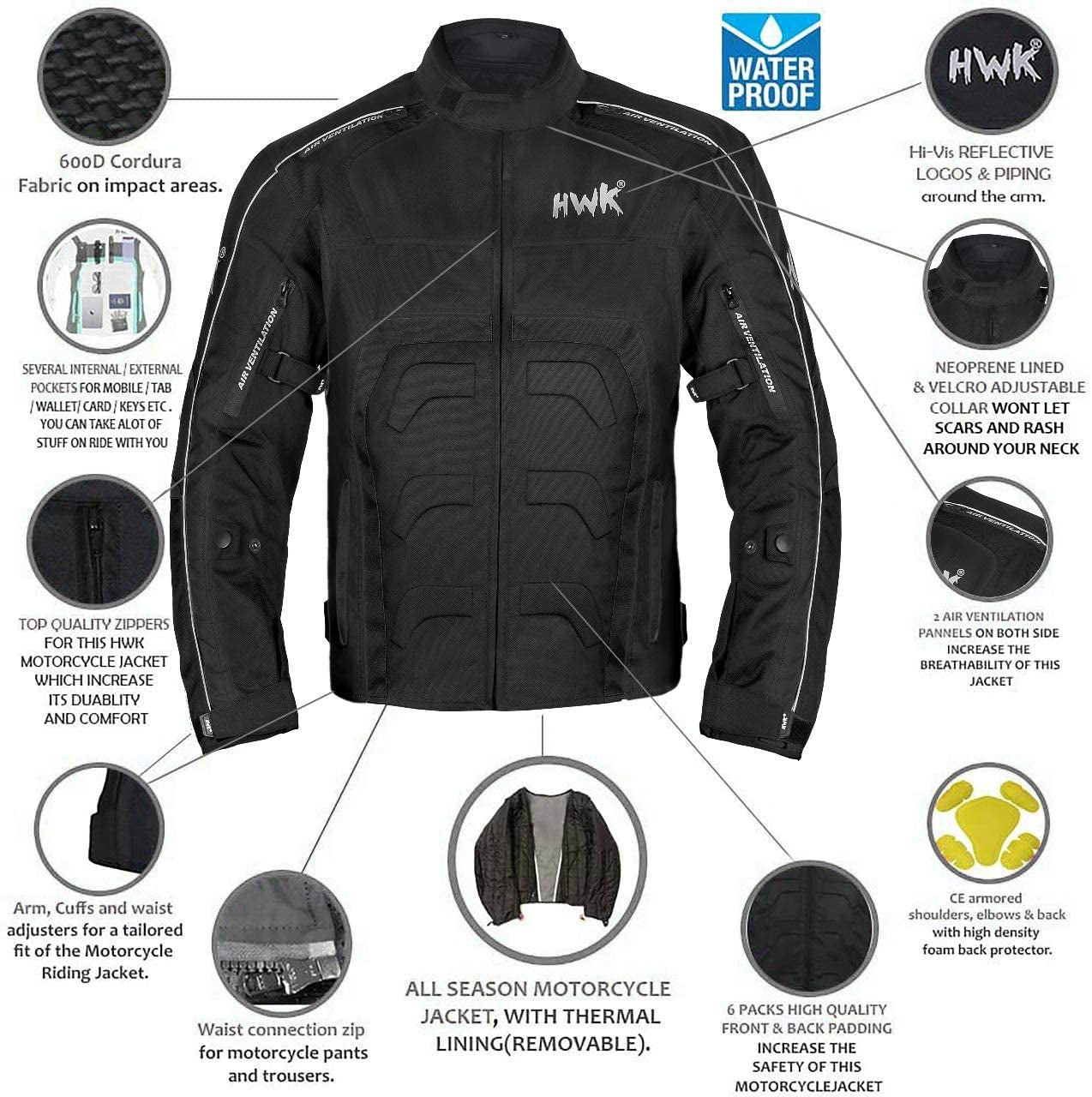 Textile Motorcycle Jacket for Men Dualsport Enduro Motorbike Biker Riding Jacket Breathable CE ARMORED WATERPROOF (Black, L)