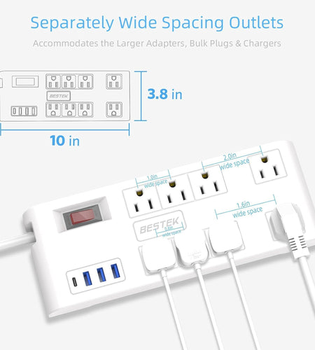 8-Outlet 6Ft Extension Cord Power Strip with 15A 1875W Surge Protector with 5V 4.2A 4 USB Charge Station,600J,Wide Spaced Outlet for Large Plug