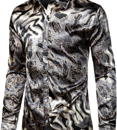Men'S Hipster Printed Silk like Satin Button up Dress Shirt for Party Prom