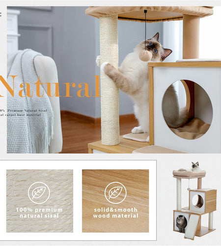 Cat Tree 35 Inches Wooden Cat Tower with Double Condos, Spacious Perch, Fully Wrapped Scratching Sisal Posts and Replaceable Dangling Balls-Walnut