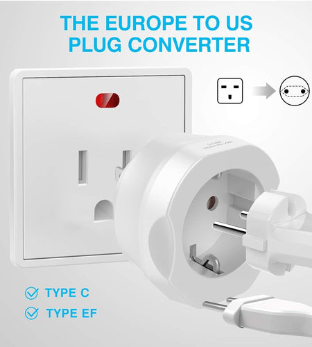 1 Pack European to US Plug Adapter,  EU to US Adapter, Europe to USA Travel Converter for Most of EU Spain France Type C E F Plugs to America