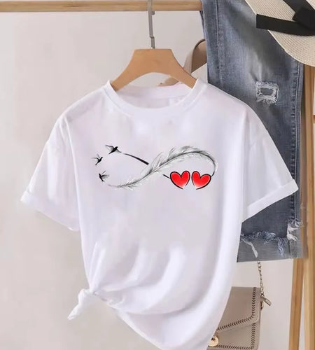 Love Heart Feather Trend Women Fashion Clothing Graphic T-Shirts Clothes Print Female Shirt Short Sleeve Lady Casual Tee