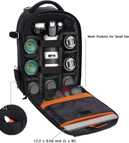 Camera Backpack, Dslr/Slr/Mirrorless Photography Camera Case Buffer Padded Shockproof Camera Bag with Customized Modular Inserts&Tripod Holder Compatible with Canon,Nikon,Sony Etc, Black
